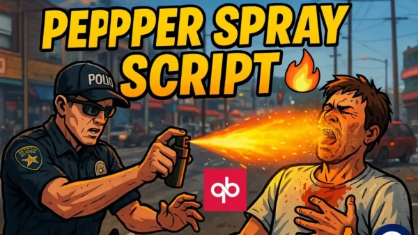 FiveM player using pepper spray in a roleplay scene with visual effects and stumbling NPCs.