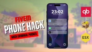 Phonehack script UI showing hacking progress and suspect phone data in a FiveM roleplay context.