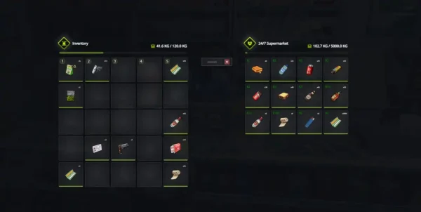 FiveM inventory UI showing stashes, weapon slots, trunk storage, and modern item drop design.