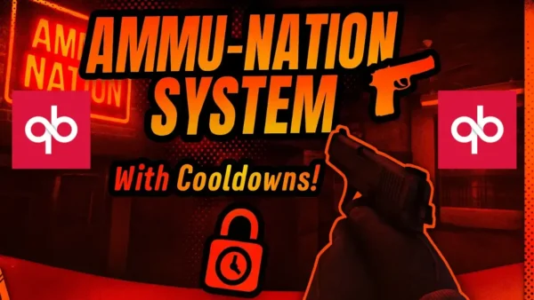 FiveM gunshop UI displaying weapon selection with cooldown notice on purchase.