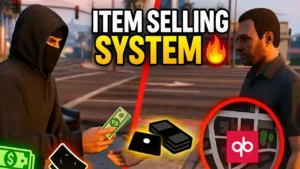 QBCore ItemSell UI showing NPC seller interaction, item list, and pricing in a roleplay scene.