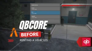 Rentals vehicle rental UI in FiveM showing available cars and rental options.