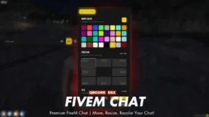 FiveM Chat UI in a FiveM server showing customizable colors, resizable interface, and chat commands with autocompletion.
